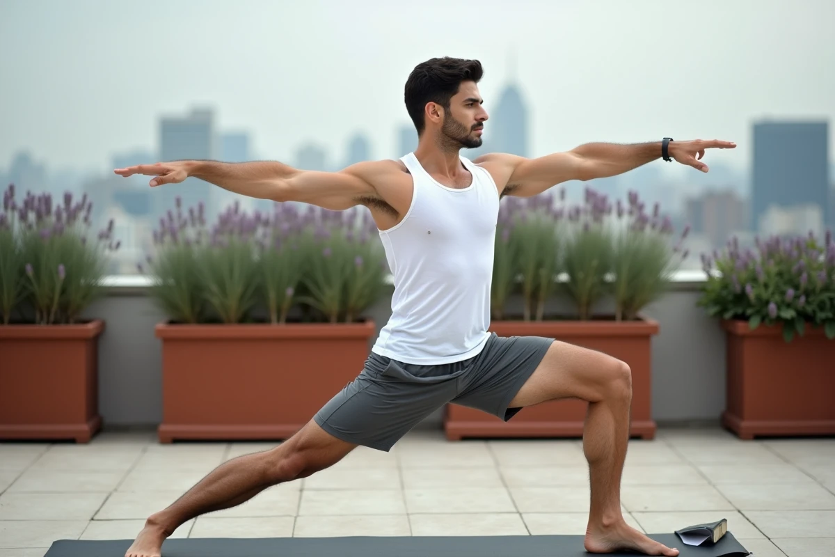 Homme en posture Guerrier II sur un tapis de yoga sur une terrasse urbaine avec un guide de référence des asanas ouvert au sol