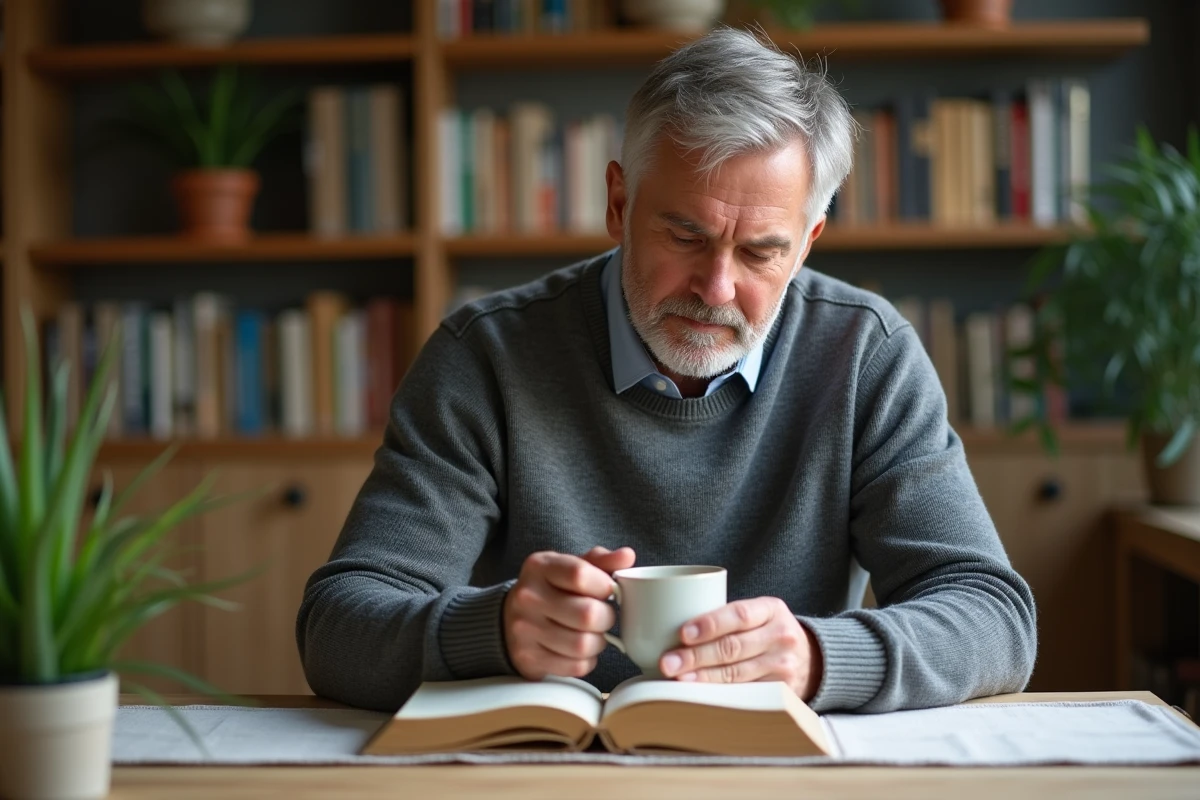 Homme buvant une infusion de plantes médicinales pour soulager les symptômes du reflux gastrique naturellement