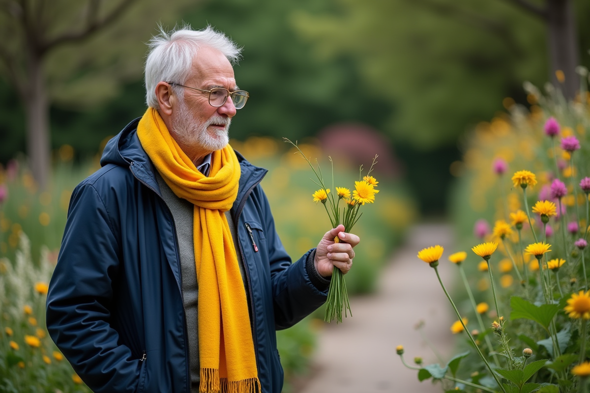 Homme dans un jardin coloré touchant des fleurs sauvages
