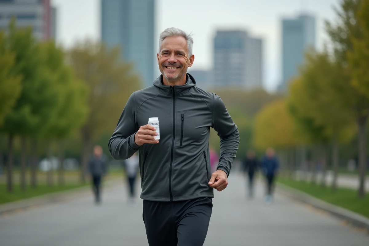 Homme après jogging tenant une bouteille Nourix dans un parc