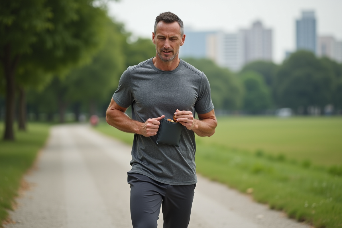 Homme en jogging mangeant des amandes dans un parc