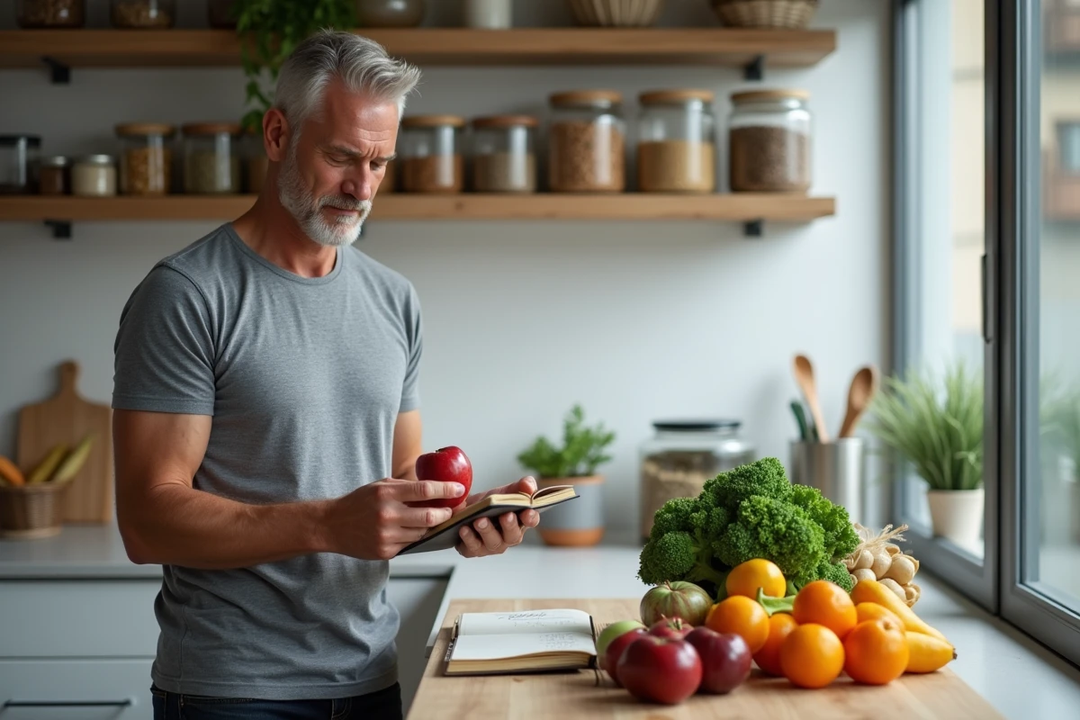 Homme consultatnt un journal alimentaire dans une cuisine moderne entourée de fruits et légumes frais, représentant une approche bienveillante de la gestion du poids