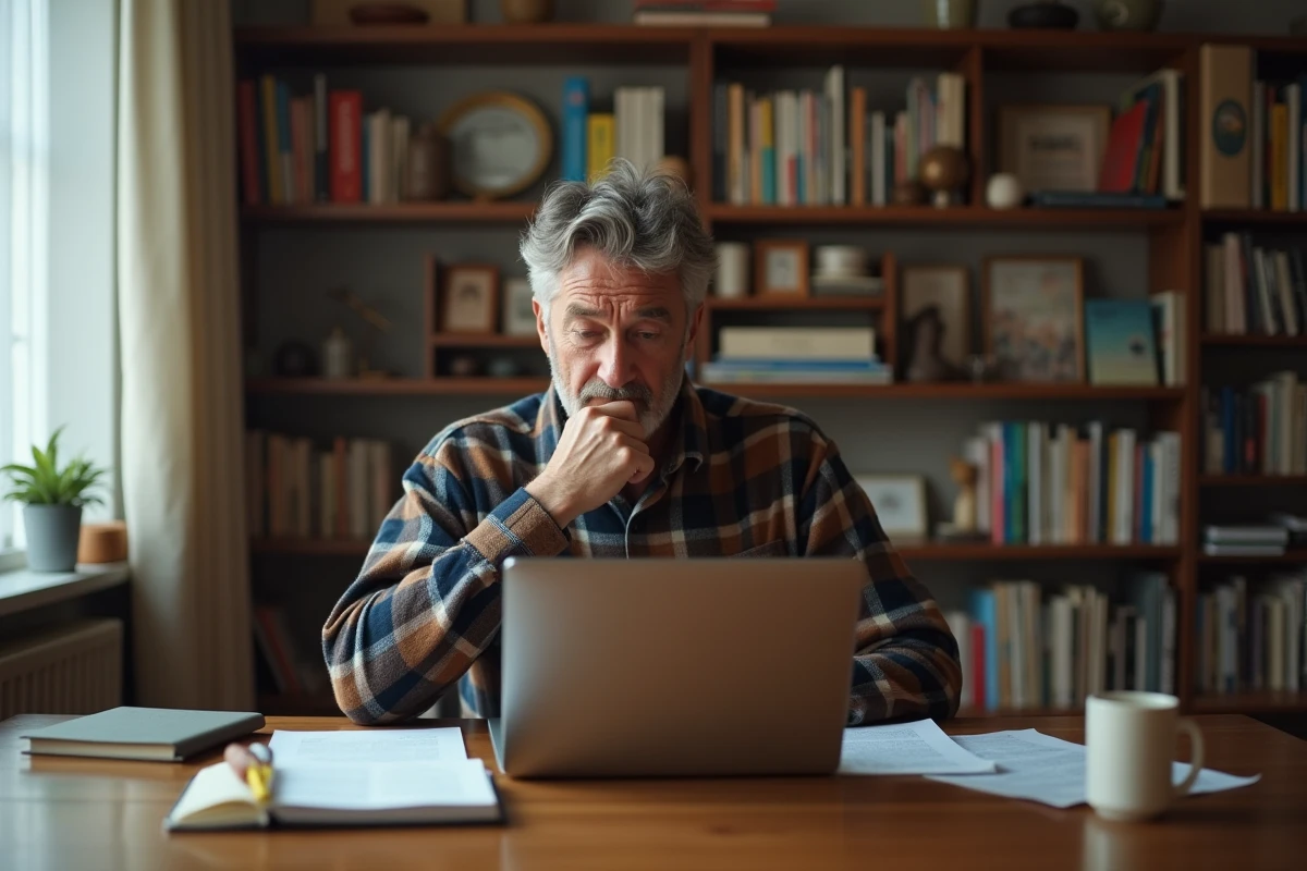 Homme lisant des avis d'utilisateurs sur un service dentaire en ligne depuis son bureau à domicile