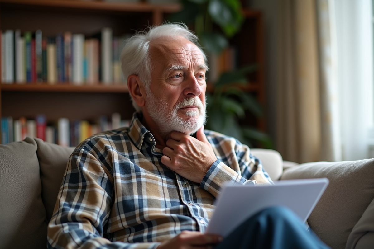 Homme âgé lisant un dépliant sur la santé de la gorge