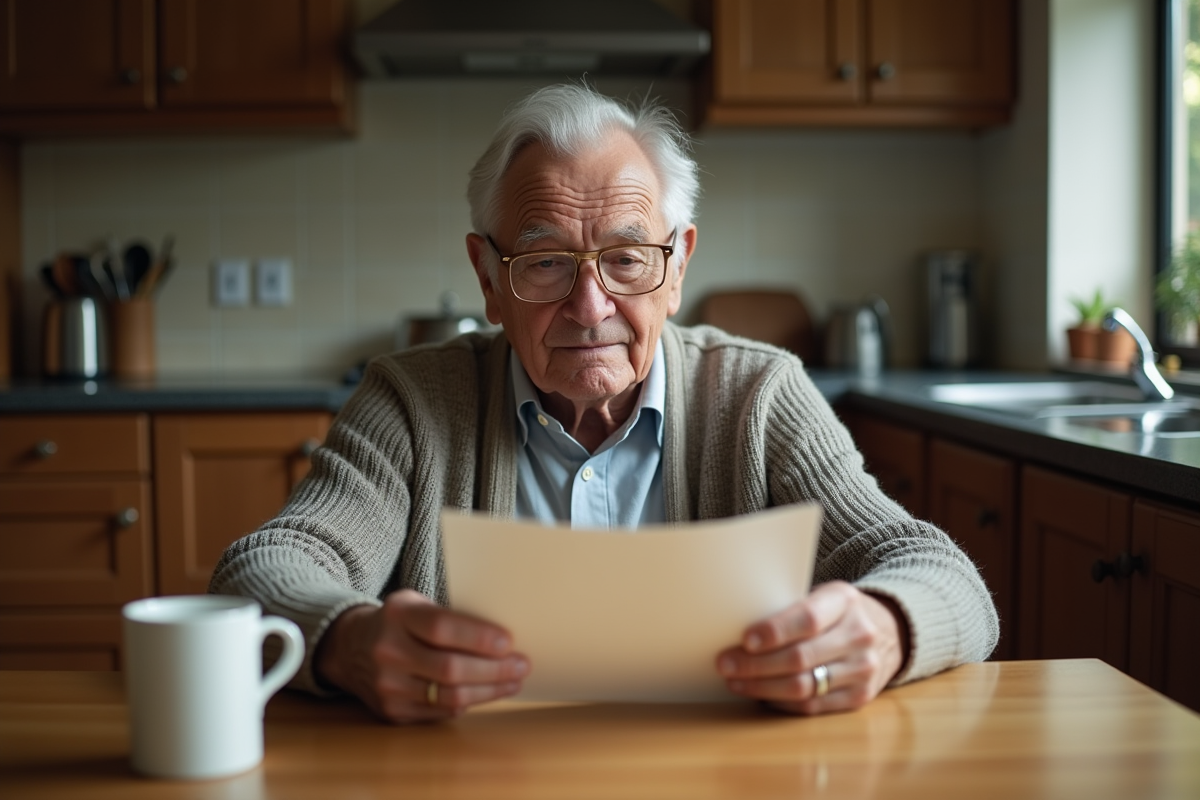 Homme âgé lisant une lettre dans sa cuisine chaleureuse