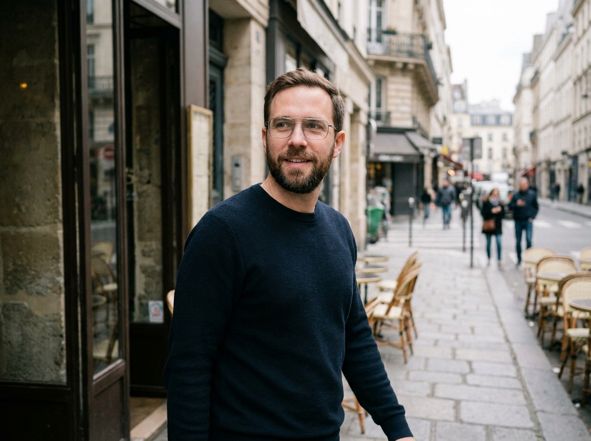 Homme barbu portant des lunettes rectangulaires en métal et marchant avec assurance dans une rue urbaine animée