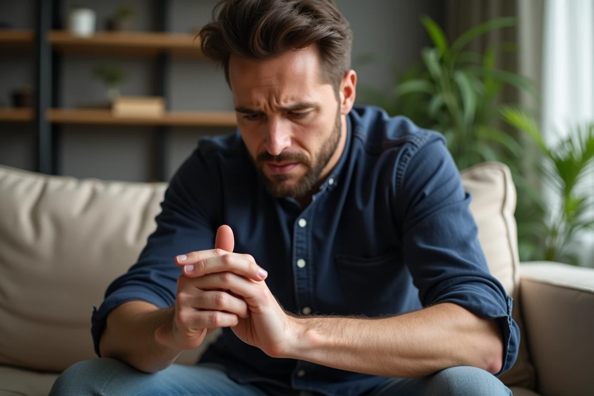 Homme inquiet observant sa main gauche irritée et sèche, symptôme de démangeaisons continues à examiner