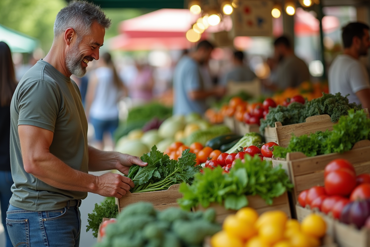 Homme choisit des légumes frais au marché bio