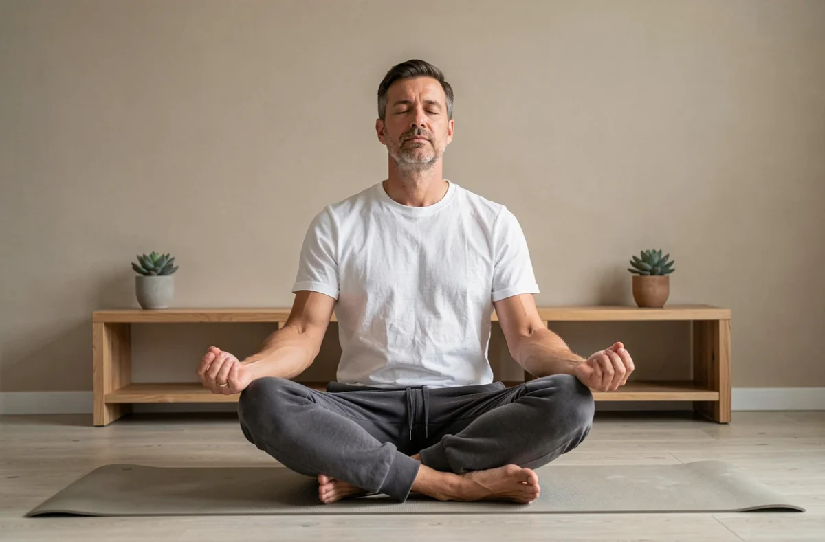Homme en méditation sur un tapis de yoga dans un salon épuré, symbolisant la sérénité et le calme