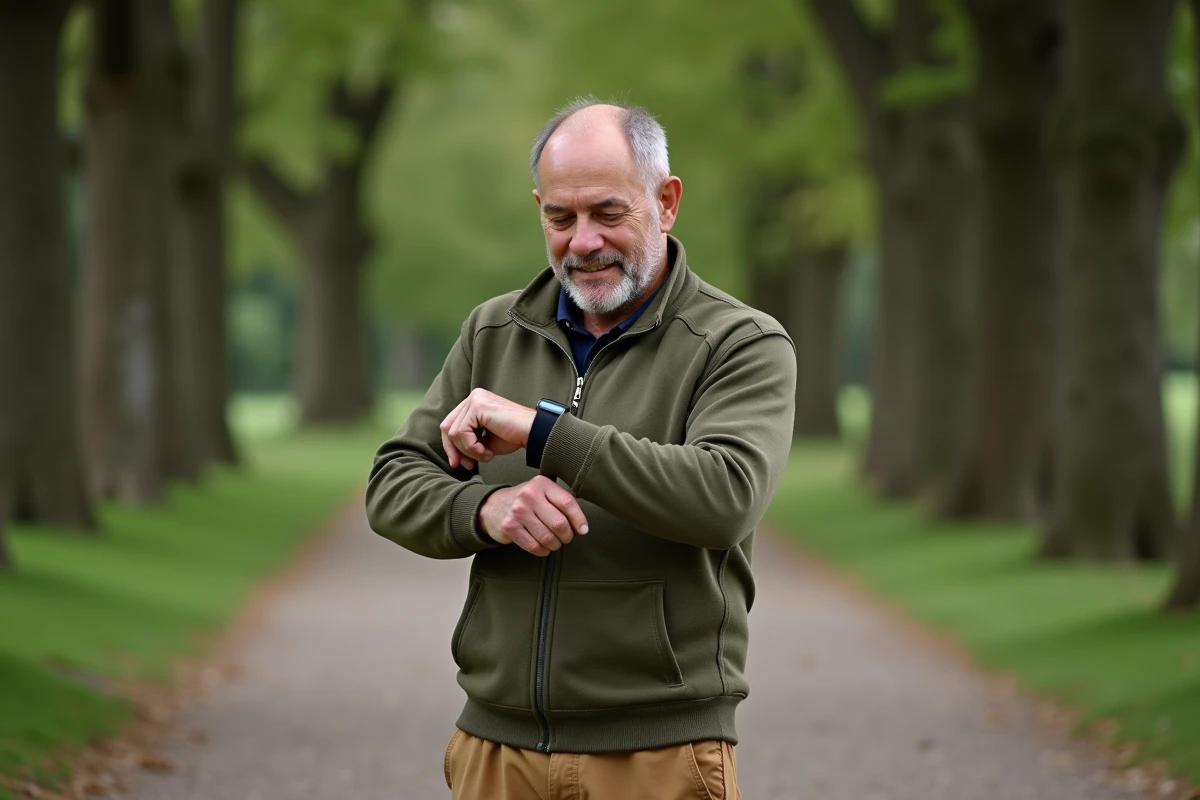 Homme consultant sa montre connectée pour vérifier son nombre de pas sur un chemin de parc, symbolisant le suivi de la santé en marchant
