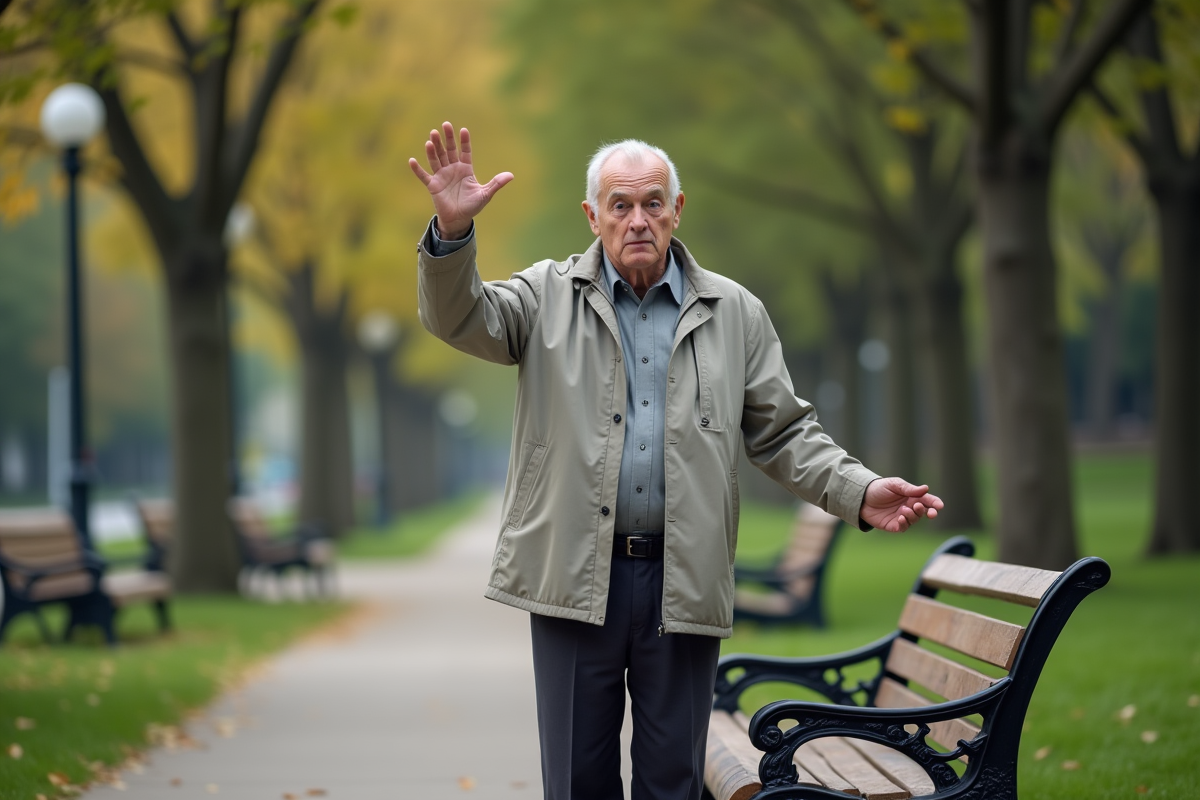 Homme âgé dans un parc urbain en pause sur un banc