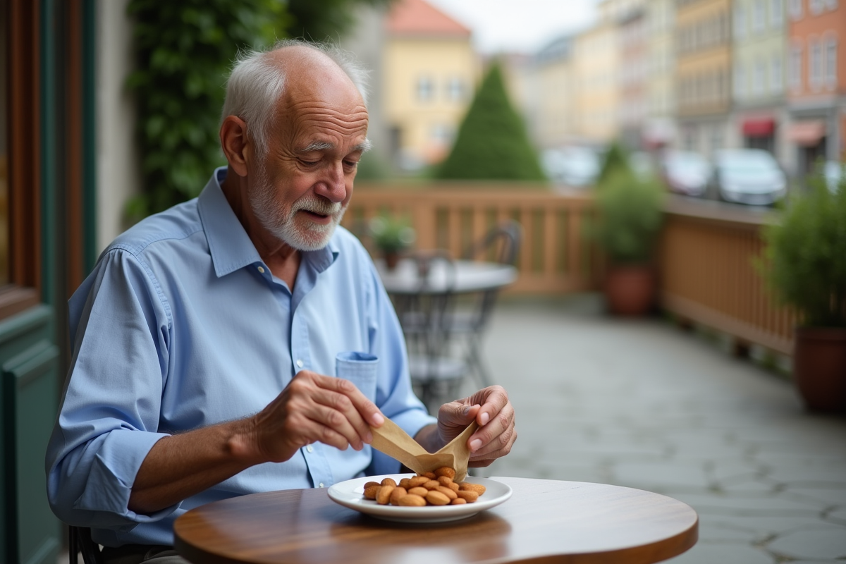 Homme âgé plaçant des amandes sur une assiette au café