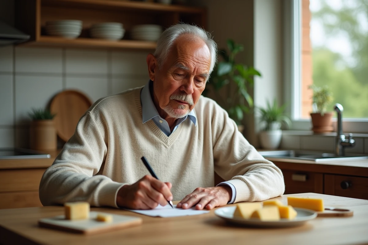 Homme âgé arrangeant des fromages sur une assiette à la maison