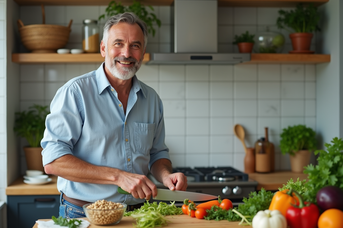Homme préparant une salade colorée dans une cuisine moderne