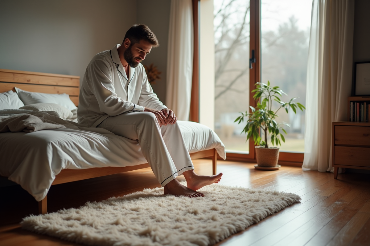 Homme en pyjama contemplatif sur le lit au matin