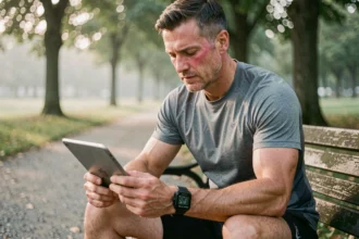 Homme d'une quarantaine d'années analysant son plan d'entraînement sur tablette après un jogging, montre GPS au poignet, assis sur un banc dans un parc