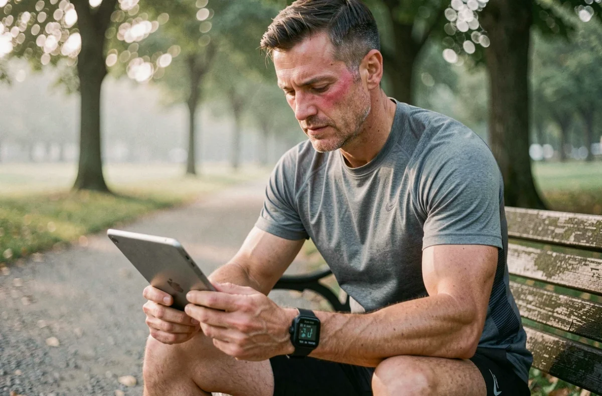 Homme d'une quarantaine d'années analysant son plan d'entraînement sur tablette après un jogging, montre GPS au poignet, assis sur un banc dans un parc