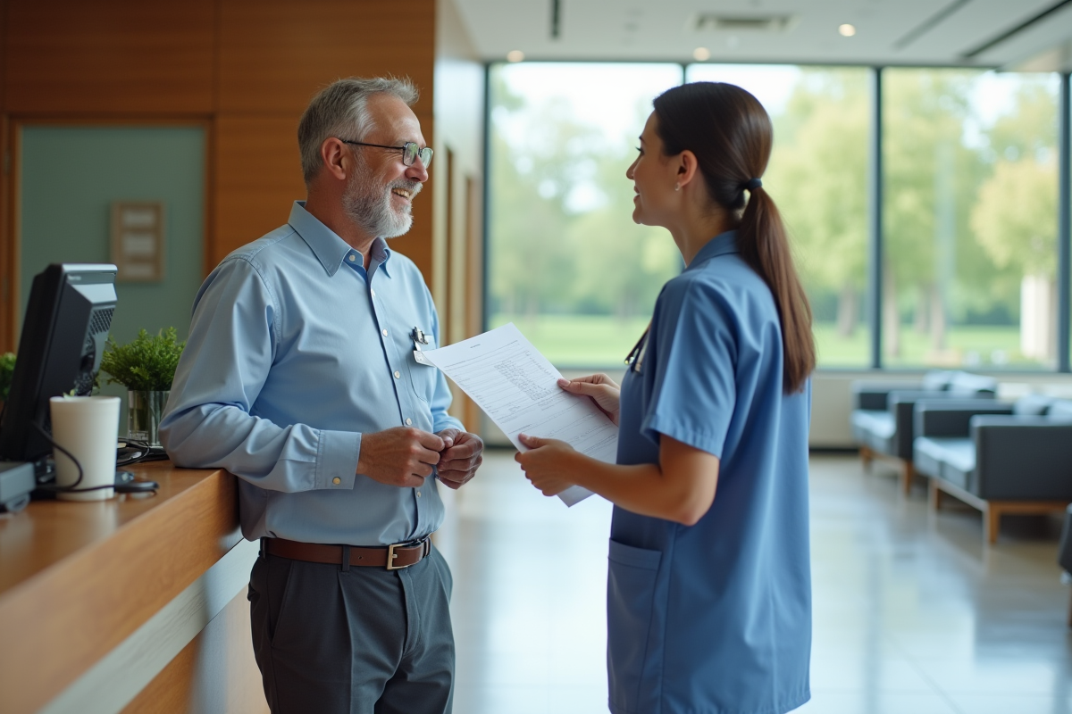 Homme discutant avec une infirmière dans un hall d