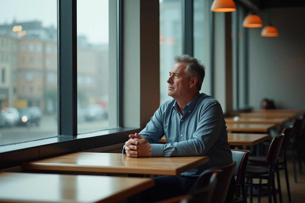 Homme d'âge moyen pensif dans une cafeteria moderne