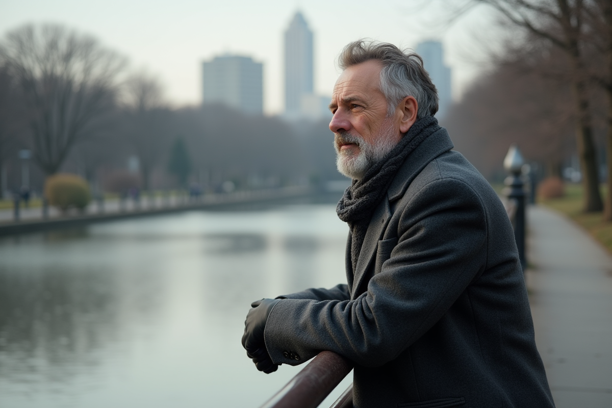 Homme regardant un étang dans un parc urbain en pleine nature