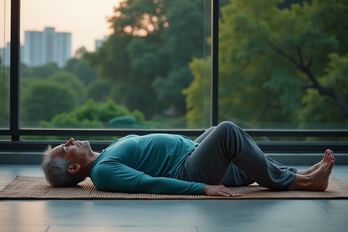 Homme en torsion sur un tapis dans un balcon
