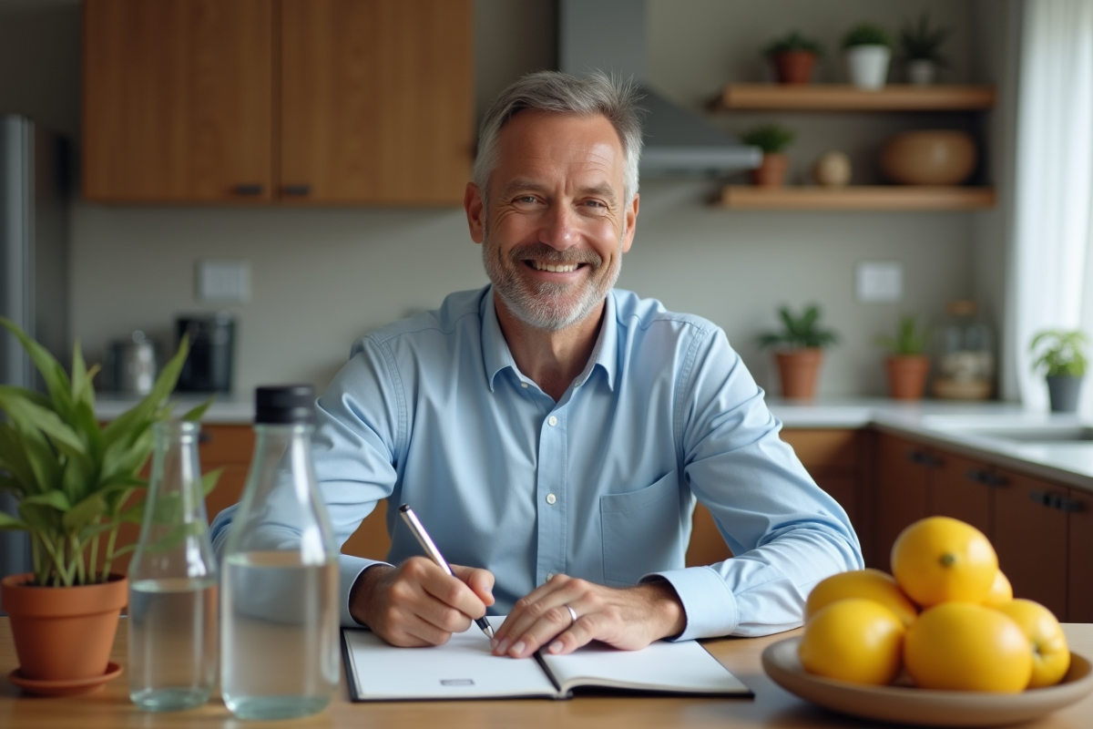 Homme détendu à la cuisine avec fruits et carnet