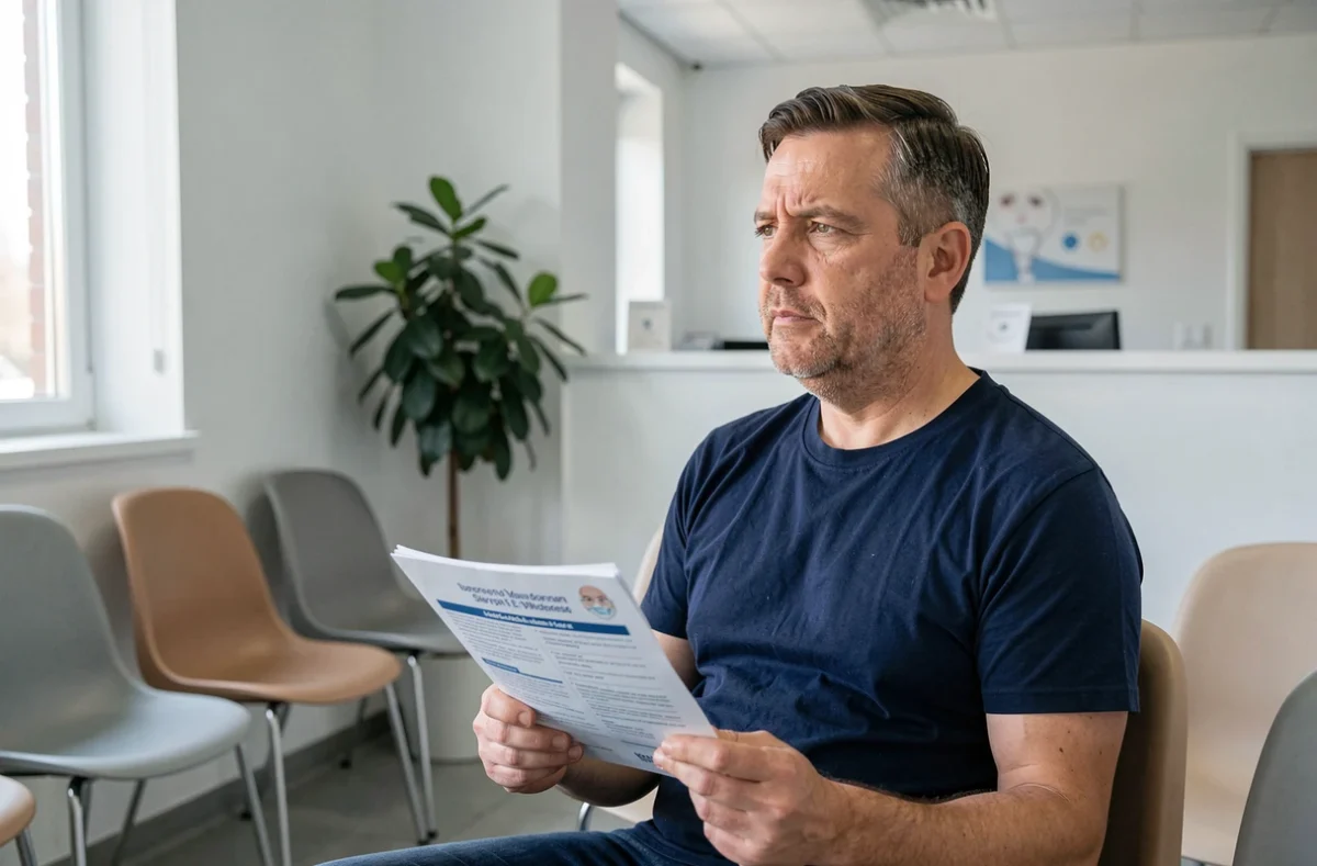 Homme en salle d'attente d'une clinique spécialisée avant une opération pour un cancer de la mâchoire