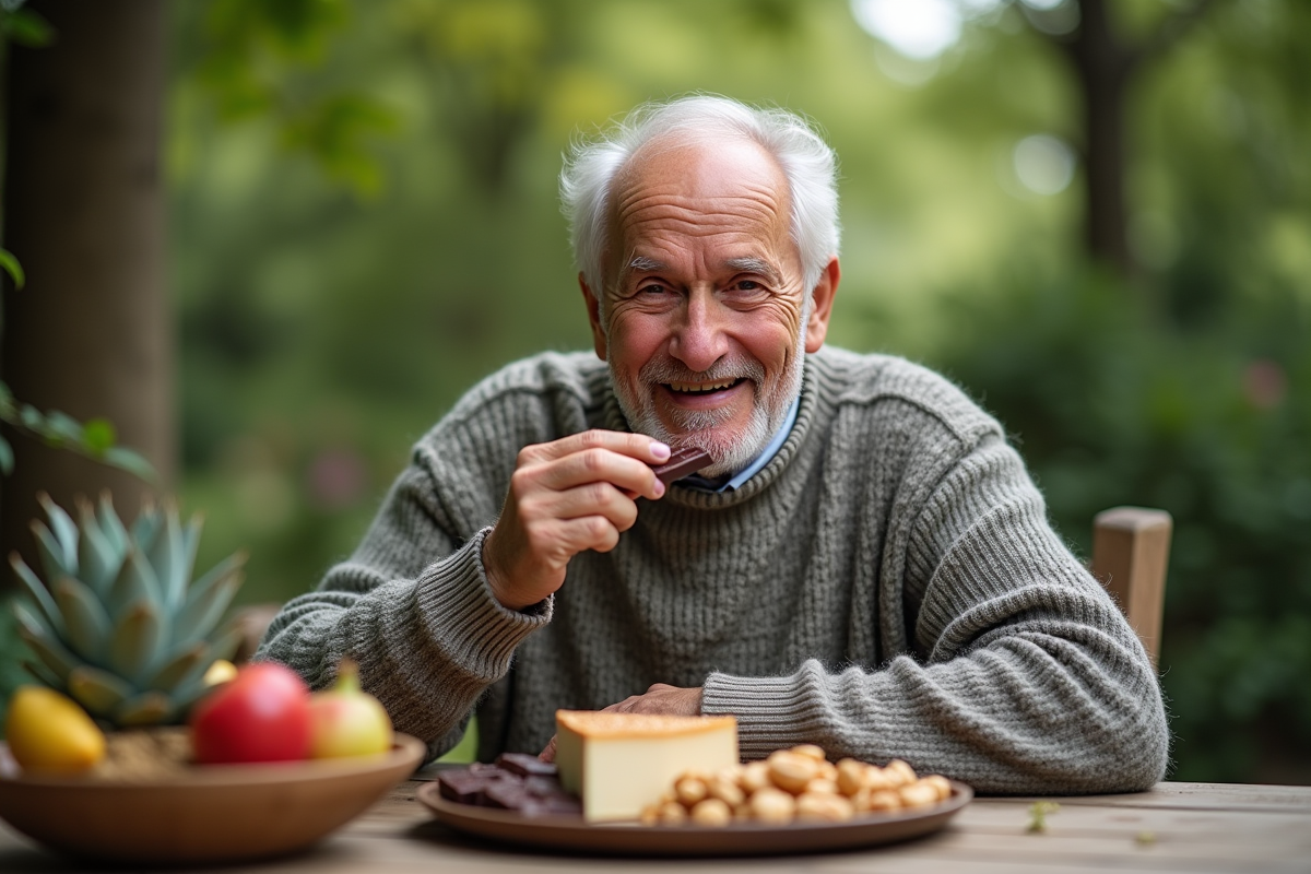 Homme âgé dégustant un plat de nourriture saine en extérieur