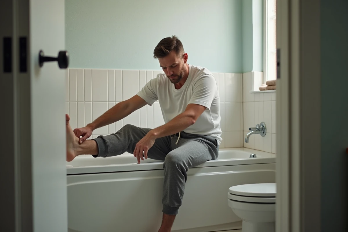 Homme se tendant la jambe dans la salle de bain