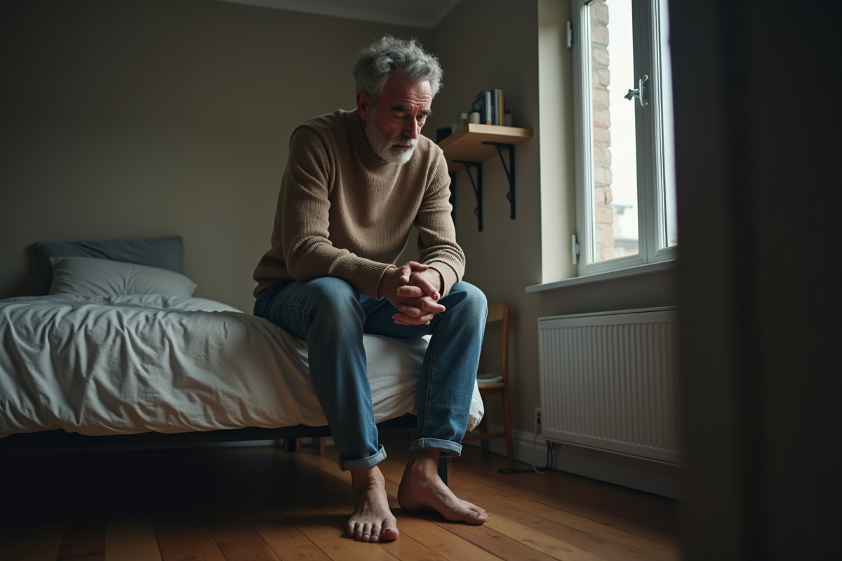Homme d'âge moyen assis sur le lit dans une chambre modeste