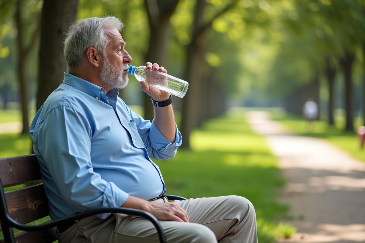 Homme d'âge moyen buvant de l'eau dans un parc ensoleille