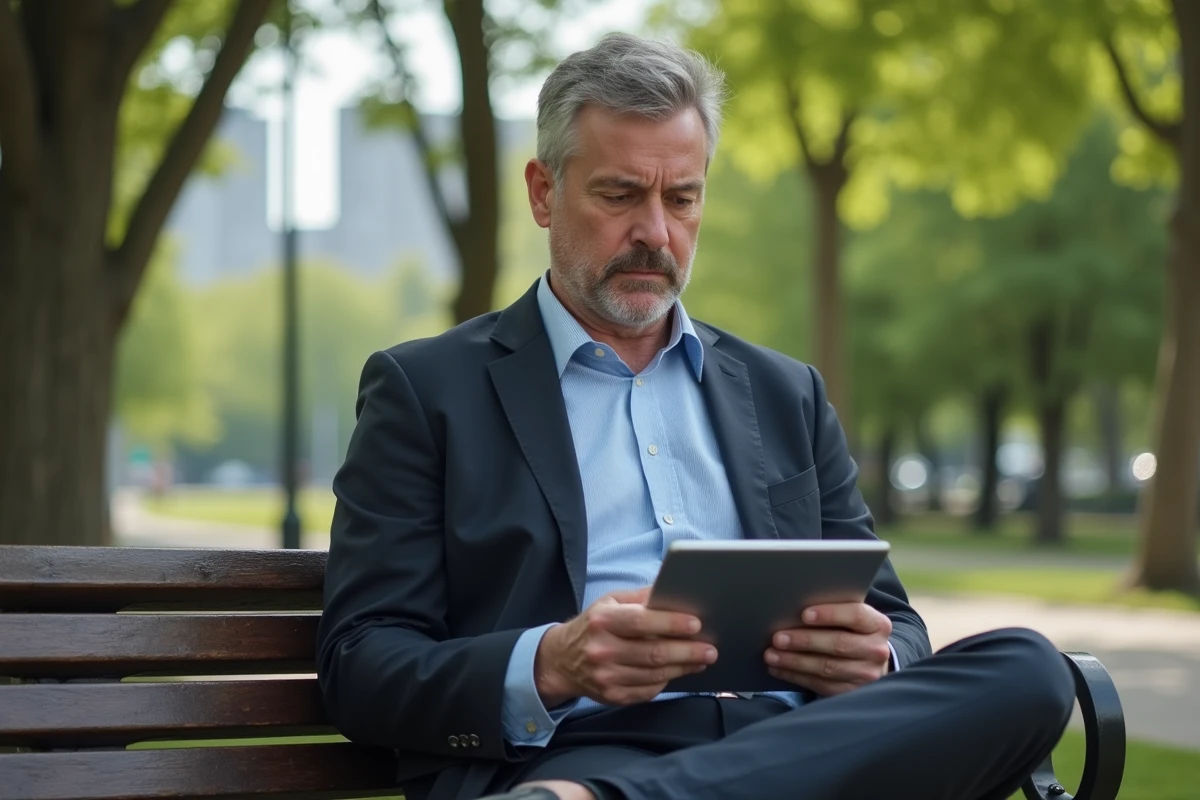 Homme d age en costume sur un banc dans un parc