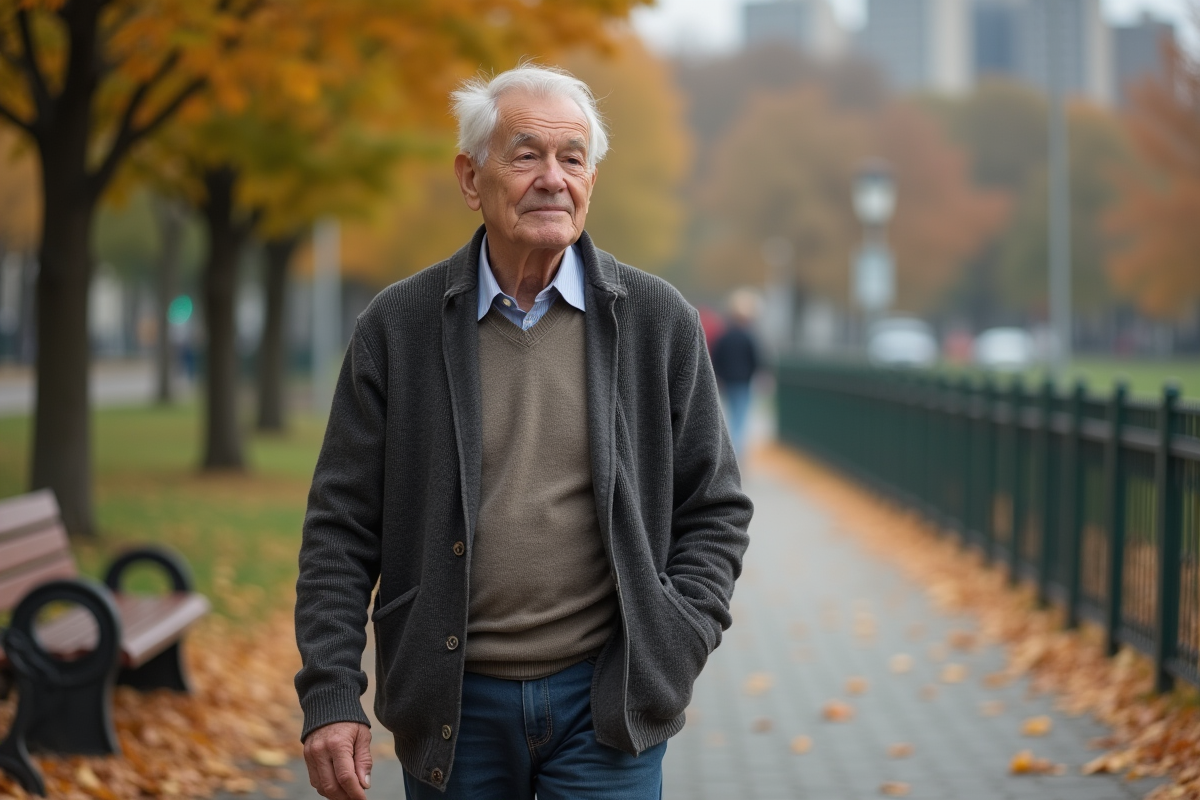 Homme âgé marchant dans un parc en automne