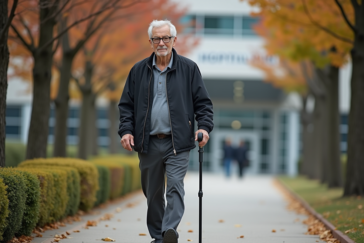 Homme âgé marchant avec une canne dans un chemin d