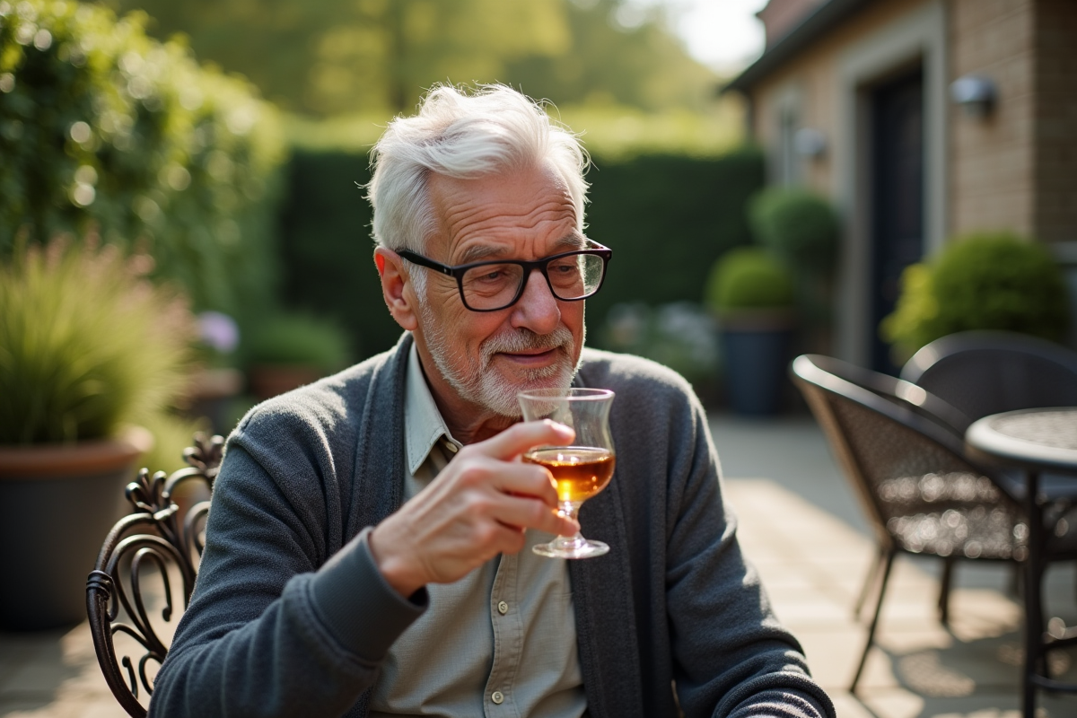Homme senior tenant un verre de whisky dans un jardin ensoleille
