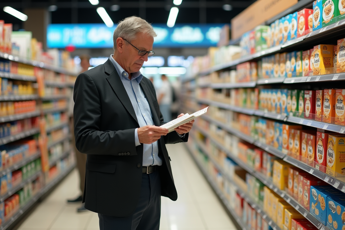 Homme vérifiant les étiquettes de céréales en supermarche