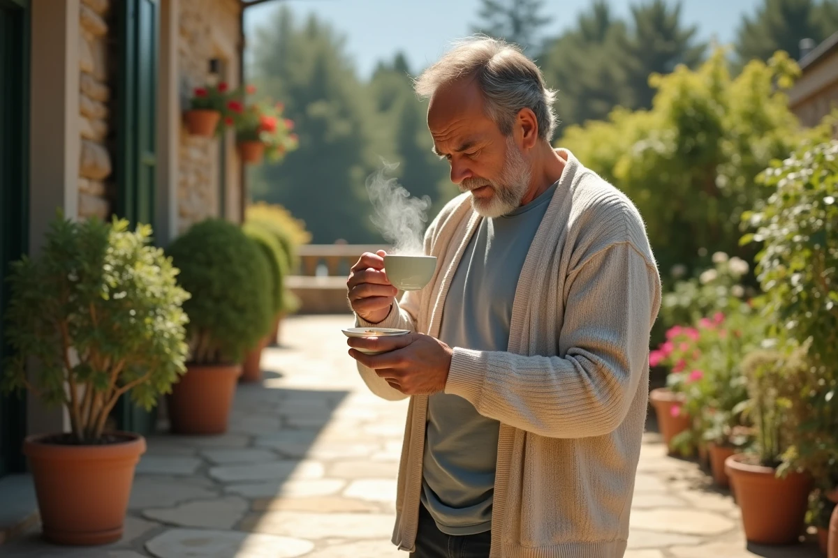 Homme buvant un thé dans un jardin en plein air ensoleille
