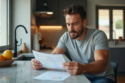 Homme d'âge moyen examinant un résultat médical à la maison