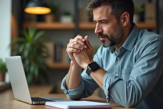 Homme d'âge moyen au bureau moderne en train de se masser la main