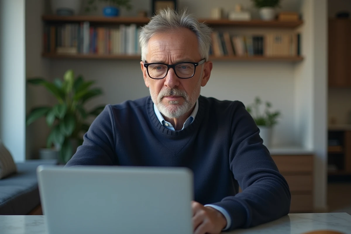 Homme concentré sur un rapport de test sur son ordinateur portable