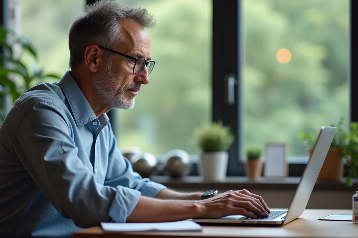Homme concentré travaillant sur son ordinateur à la maison