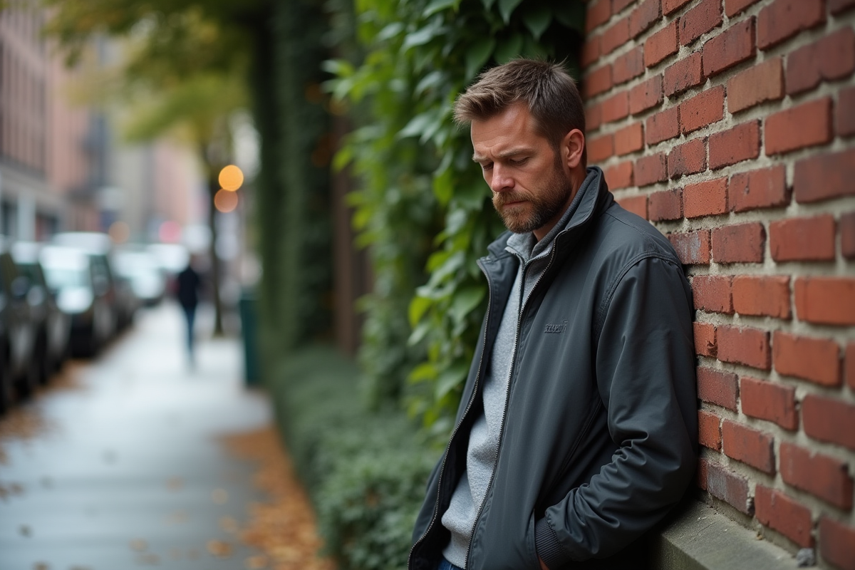 Homme pensif debout près d’un mur de briques recouvert de lierre