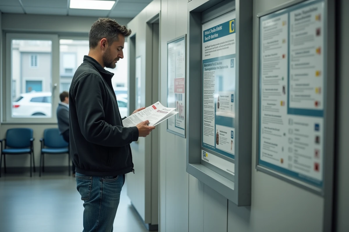 Homme vérifiant l'adresse de la CPAM Nanterre 92 sur un panneau d'information dans une agence de sécurité sociale