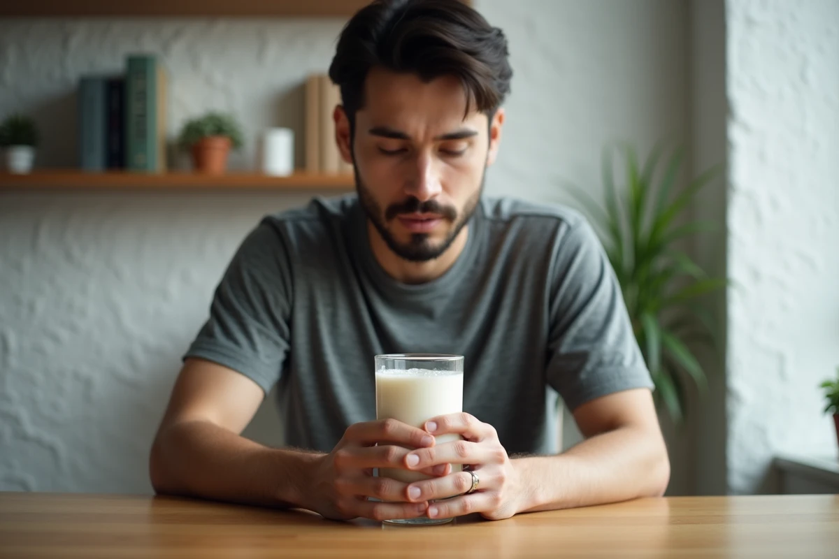 Homme tenant un verre d'eau de riz à table dans un appartement cosy