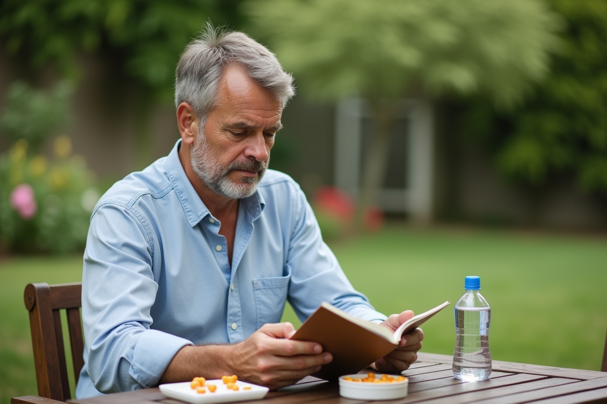 Homme lisant un guide sur les vitamines dans le jardin