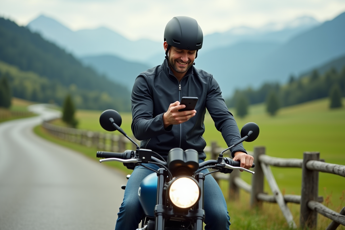 Homme en veste de cycliste vérifiant une appli fitness sur smartphone
