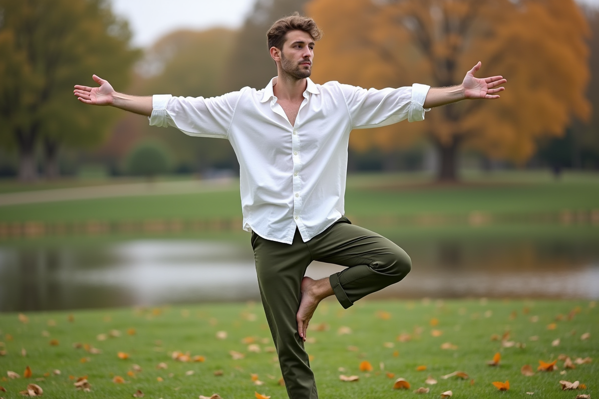 Jeune homme en posture arbre dans un parc automnal