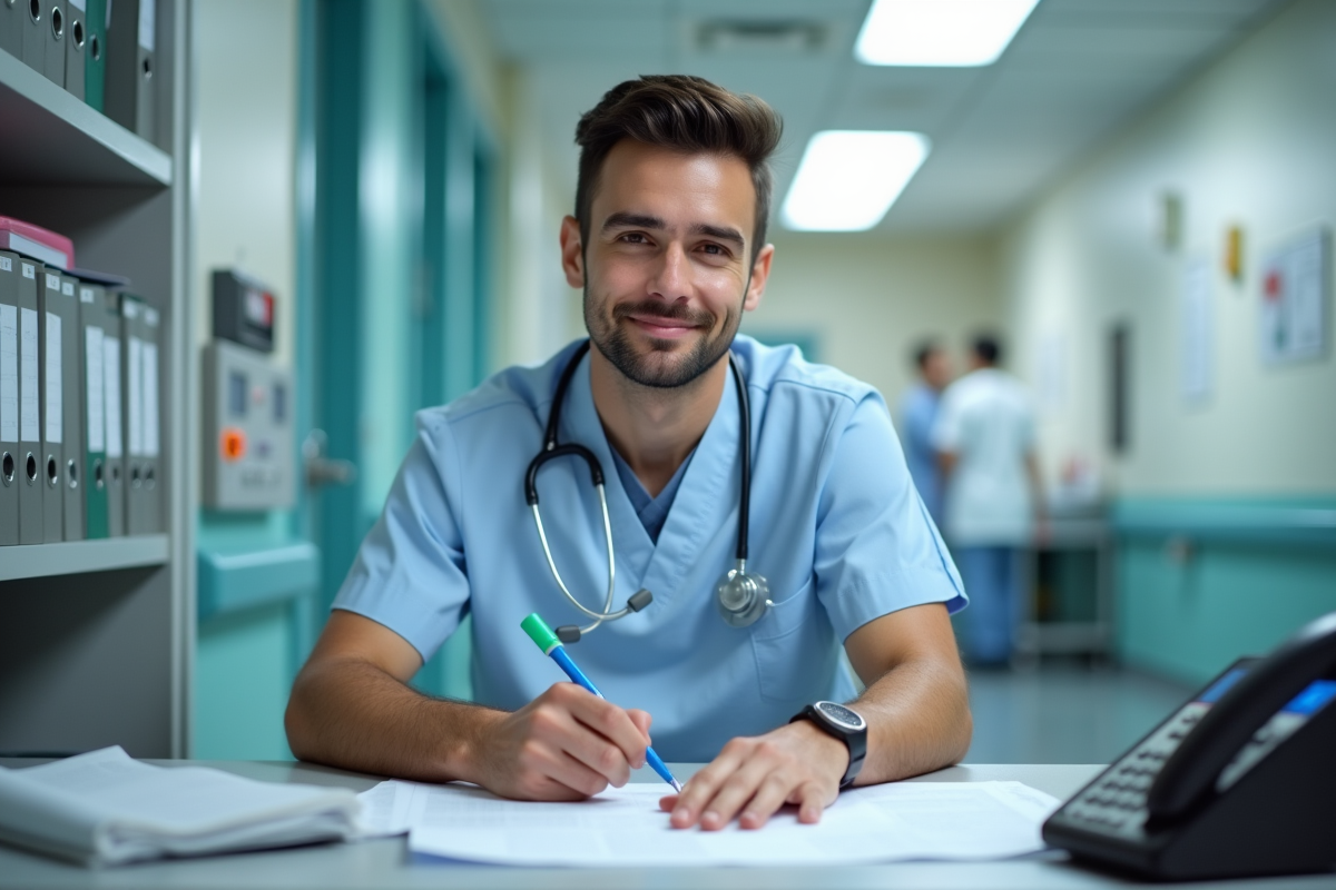 Jeune infirmier au bureau de soins en train de documenter