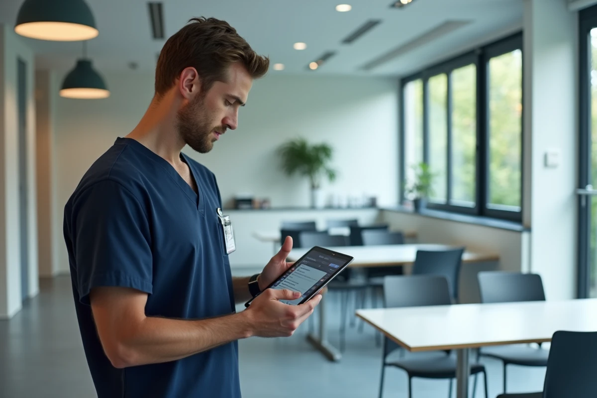 Infirmier consultant la messagerie professionnelle centralisée sur tablette dans une salle de pause de CHU
