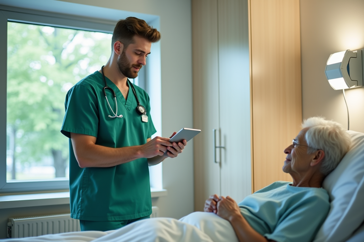 Jeune infirmier utilisant une tablette dans une chambre d